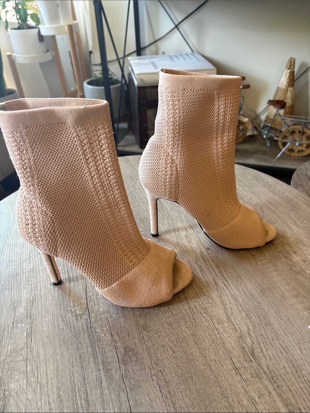 Zara Nude Knit Peep-Toe Stiletto Ankle Boots